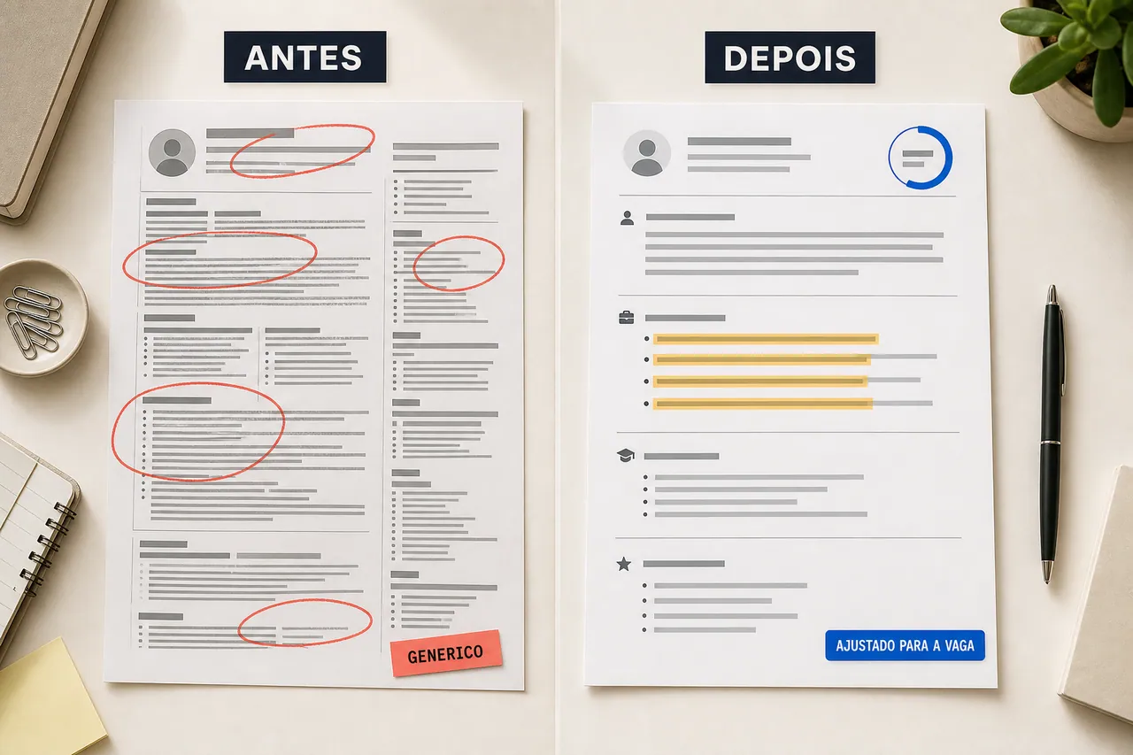 Comparativo antes e depois do currículo otimizado para a vaga